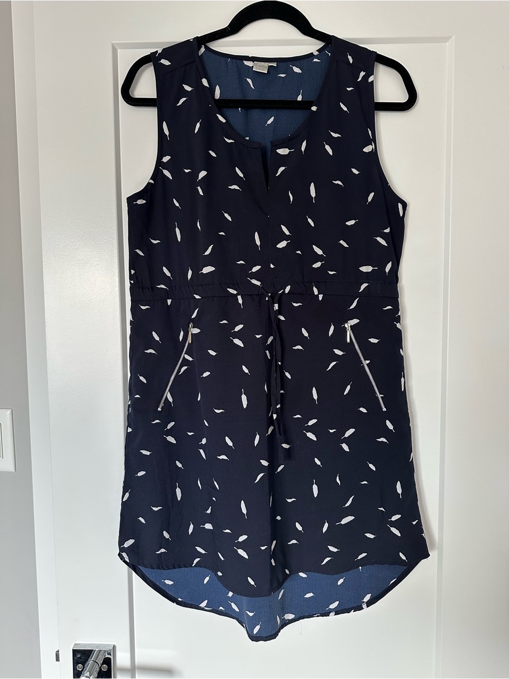 twik Navy Blue Sleeveless High-Low Dress with White Leaf Print